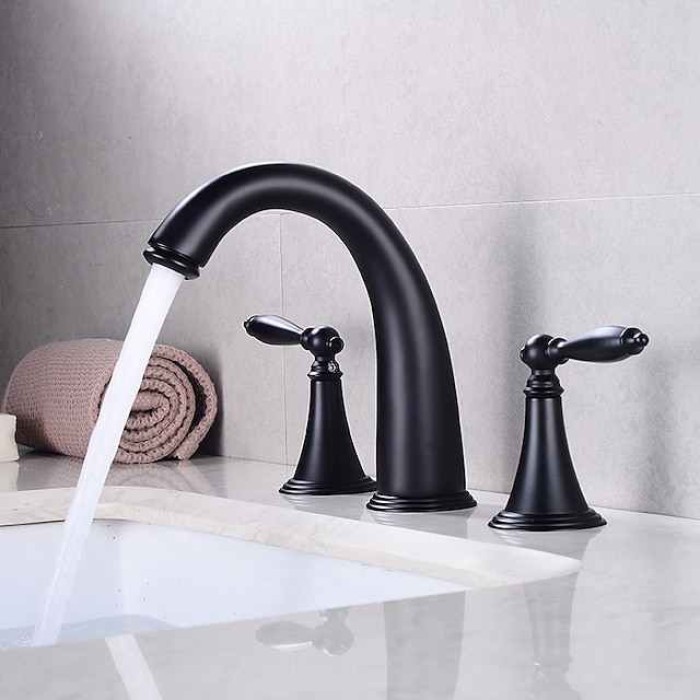 Bathroom Sink Faucet,Widespread Brass Two Handles Three Holes Bathroom Faucet with Valve and Hot/Cold Switch