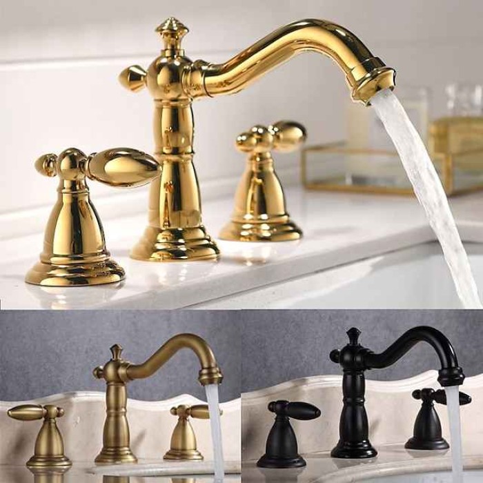 Vintage Widespread Bathroom Sink Mixer Faucet, 360 Swivel Retro Style Brass 3 Hole 2 Handle Basin Tap Deck Mounted, Washroom Basin Vessel Water Tap with Hot and Cold Hose