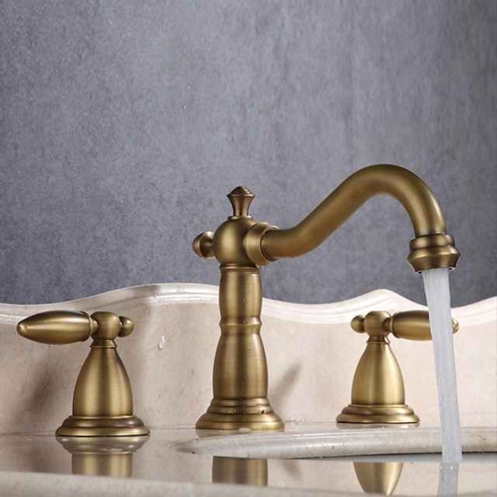 Vintage Widespread Bathroom Sink Mixer Faucet, 360 Swivel Retro Style Brass 3 Hole 2 Handle Basin Tap Deck Mounted, Washroom Basin Vessel Water Tap with Hot and Cold Hose