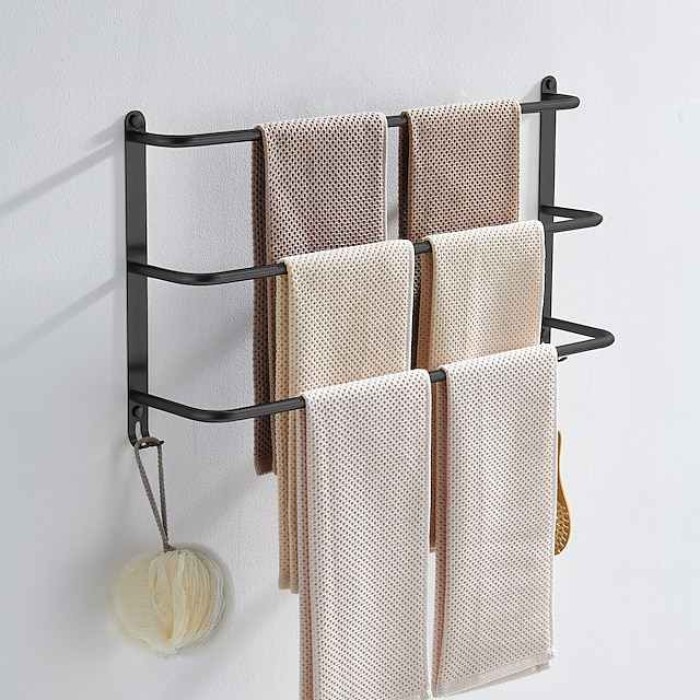 Bathroom Three-layer Shelf with Hooks Stainless Steel Multi-function Towel Rack Polished Silver and Brushed Nickel 1pc