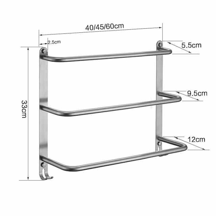 Bathroom Three-layer Shelf with Hooks Stainless Steel Multi-function Towel Rack Polished Silver and Brushed Nickel 1pc