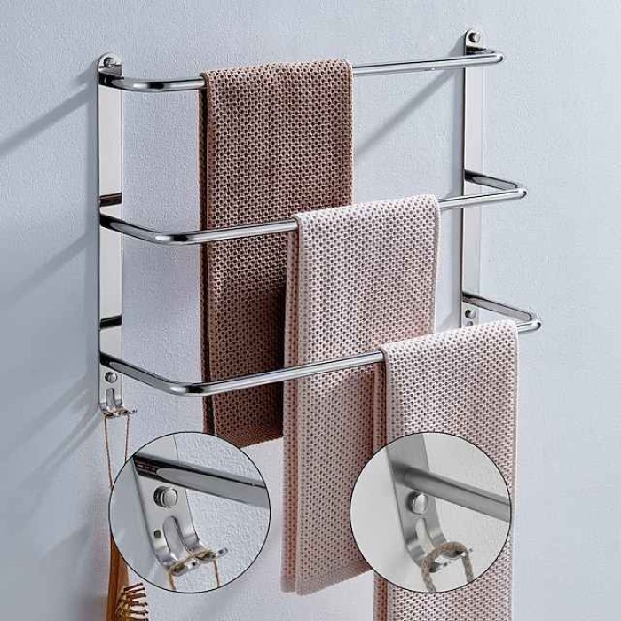 Bathroom Three-layer Shelf with Hooks Stainless Steel Multi-function Towel Rack Polished Silver and Brushed Nickel 1pc