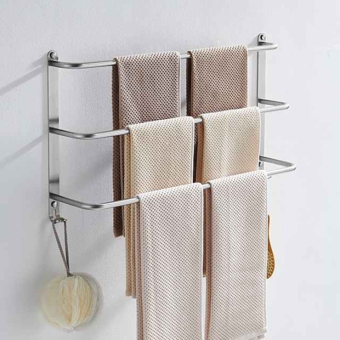 Bathroom Three-layer Shelf with Hooks Stainless Steel Multi-function Towel Rack Polished Silver and Brushed Nickel 1pc