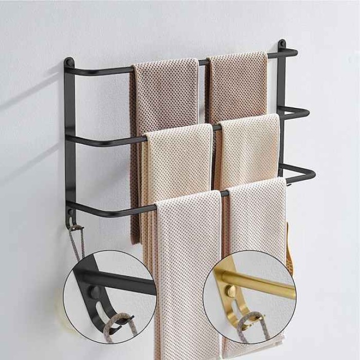 Bathroom Three-layer Shelf with Hooks Stainless Steel Multi-function Towel Rack Matte Black and Golden 1pc