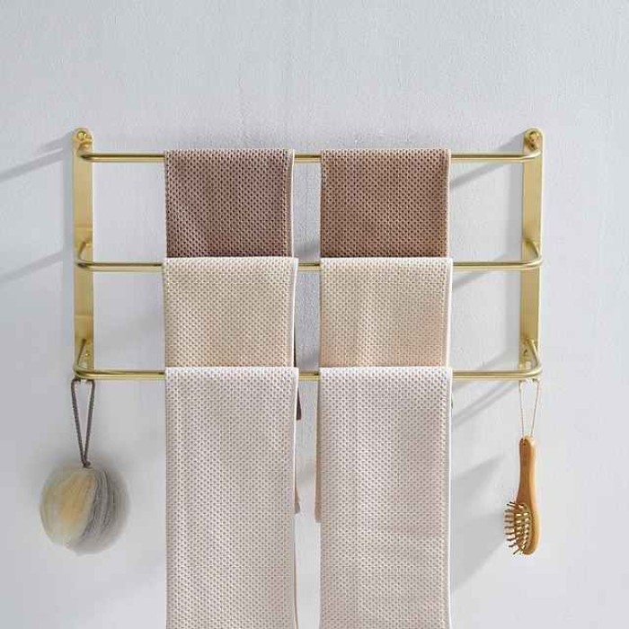 Bathroom Three-layer Shelf with Hooks Stainless Steel Multi-function Towel Rack Matte Black and Golden 1pc