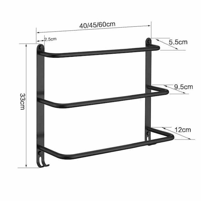 Bathroom Three-layer Shelf with Hooks Stainless Steel Multi-function Towel Rack Matte Black and Golden 1pc