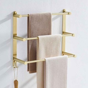 Bathroom Three-layer Shelf with Hooks Stainless Steel Multi-function Towel Rack Wall Mounted Matte Gold and Brushed Nickel 1pc