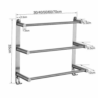 Bathroom Three-layer Shelf with Hooks Stainless Steel Multi-function Towel Rack Wall Mounted Matte Gold and Brushed Nickel 1pc