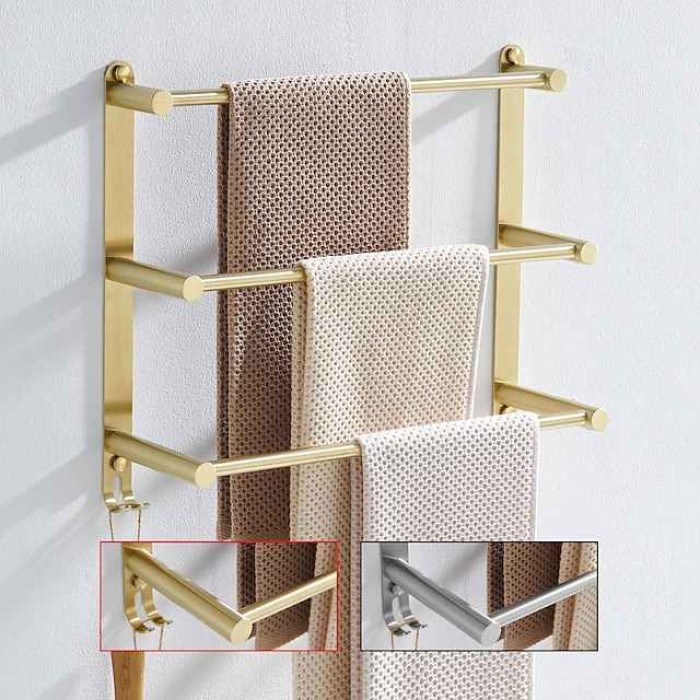 Bathroom Three-layer Shelf with Hooks Stainless Steel Multi-function Towel Rack Wall Mounted Matte Gold and Brushed Nickel 1pc