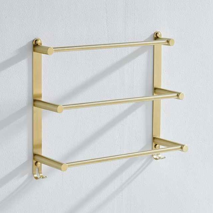 Bathroom Three-layer Shelf with Hooks Stainless Steel Multi-function Towel Rack Wall Mounted Matte Gold and Brushed Nickel 1pc