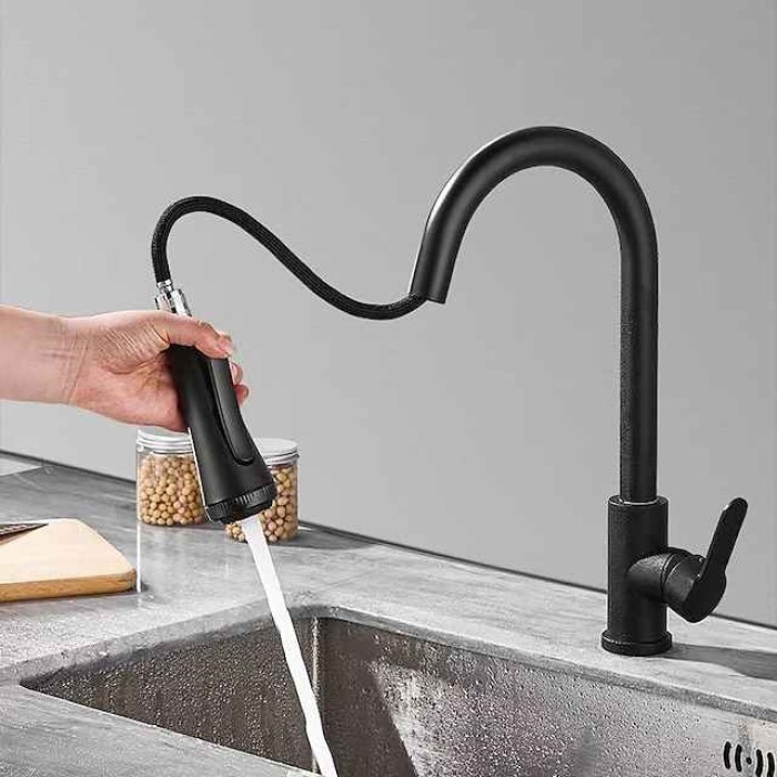 Kitchen Faucet with Sprayer,Matte Black Brass 4-Function Single Handle One Hole Button Design Pull-out / Pull-down Centerset Contemporary Kitchen Taps(with Soap Dispenser)