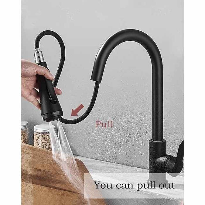 Kitchen Faucet with Sprayer,Matte Black Brass 4-Function Single Handle One Hole Button Design Pull-out / Pull-down Centerset Contemporary Kitchen Taps(with Soap Dispenser)