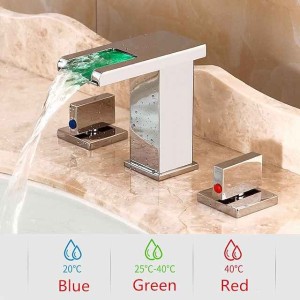 Widespread Bathroom Faucet Waterfall Sink Mixer Basin Taps LED 3 Color with Temperature, Brass 3 Hole 2 Handle Deck Mounted, Washroom  Vessel Water Tap with Hot and Cold Hose