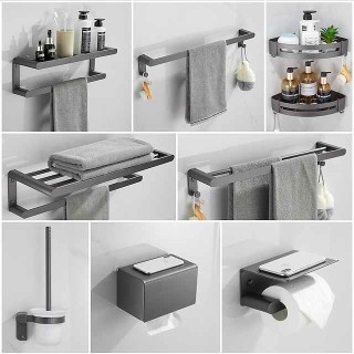 Bathroom Accessory Set,Bathroom Hardware Space Aluminium Wall Mounted Gun GreyTowel Rack /Corner Shelf/Robe Hook/Toilet Paper Holder/Towel Bar/Toilet Brush Holder