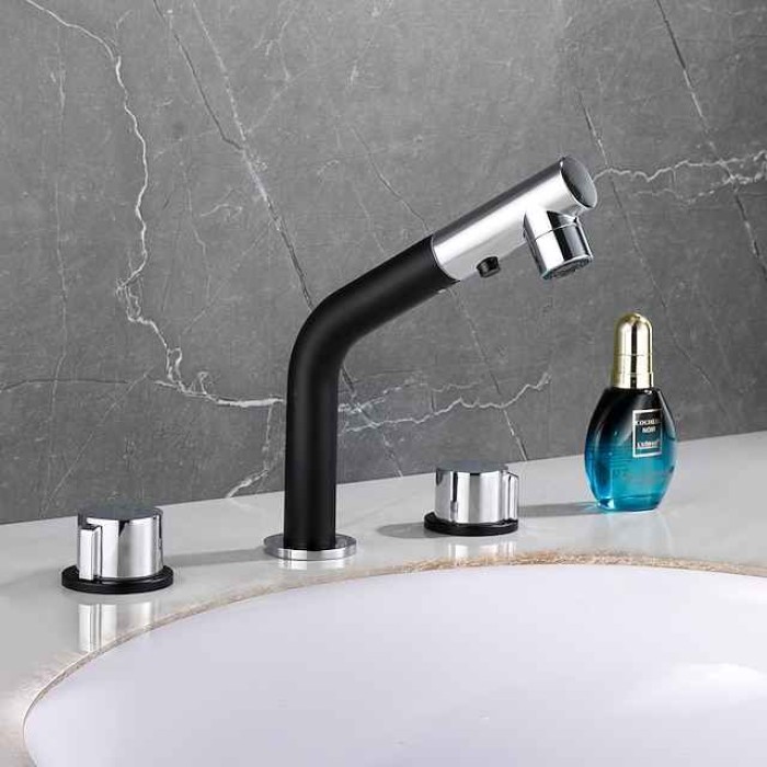 Widespread Bathroom Sink Mixer Faucet Pull Out 2 Mode Spout Sprayer, 360° Rotatable Washroom Basin Tap Brass Deck Mounted, with Hot and Cold Water Vessel Tap