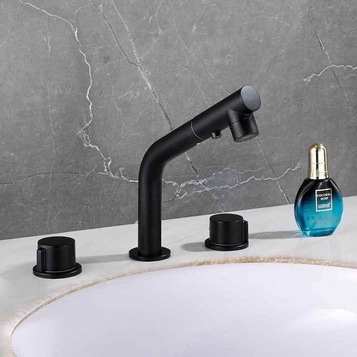 Widespread Bathroom Sink Mixer Faucet Pull Out 2 Mode Spout Sprayer, 360° Rotatable Washroom Basin Tap Brass Deck Mounted, with Hot and Cold Water Vessel Tap