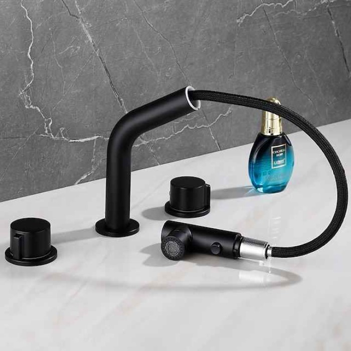 Widespread Bathroom Sink Mixer Faucet Pull Out 2 Mode Spout Sprayer, 360° Rotatable Washroom Basin Tap Brass Deck Mounted, with Hot and Cold Water Vessel Tap