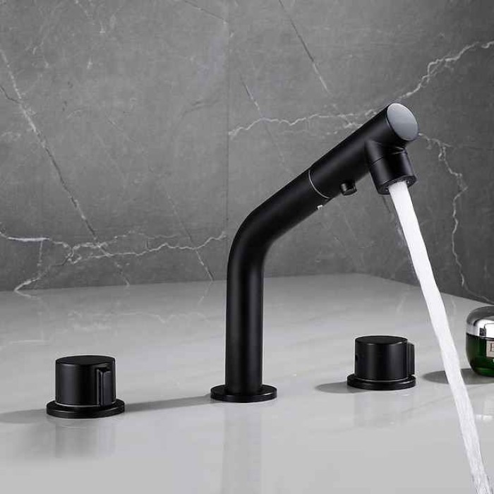 Widespread Bathroom Sink Mixer Faucet Pull Out 2 Mode Spout Sprayer, 360° Rotatable Washroom Basin Tap Brass Deck Mounted, with Hot and Cold Water Vessel Tap