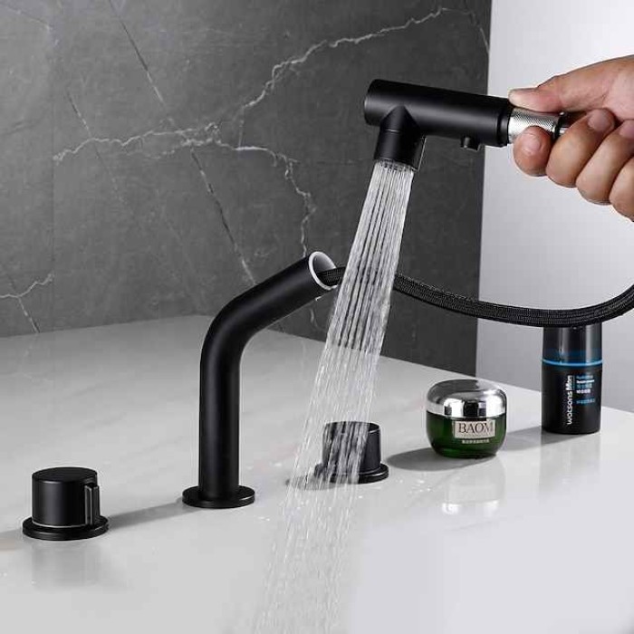 Widespread Bathroom Sink Mixer Faucet Pull Out 2 Mode Spout Sprayer, 360° Rotatable Washroom Basin Tap Brass Deck Mounted, with Hot and Cold Water Vessel Tap