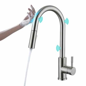 Touchless Sensor Kitchen Sink Faucet Stainless Steel with Pull Out Sprayer, Touch On Single Handle Kitchen Vessel Tap with Pull Down 2 Modes Spray Fingerprint Resistant Brushed Nickel Deck Mounted