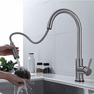 Touchless Sensor Kitchen Sink Faucet Stainless Steel with Pull Out Sprayer, Touch On Single Handle Kitchen Vessel Tap with Pull Down 2 Modes Spray Fingerprint Resistant Brushed Nickel Deck Mounted