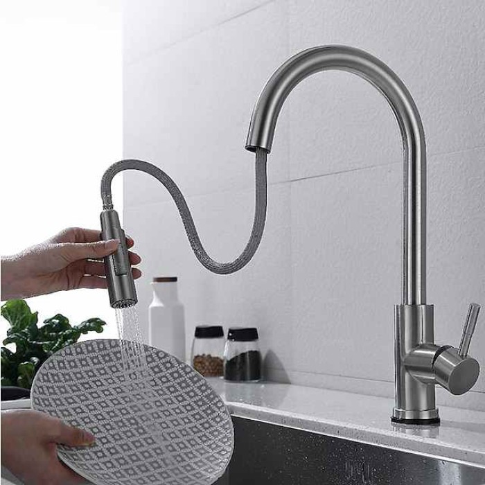 Touchless Sensor Kitchen Sink Faucet Stainless Steel with Pull Out Sprayer, Touch On Single Handle Kitchen Vessel Tap with Pull Down 2 Modes Spray Fingerprint Resistant Brushed Nickel Deck Mounted