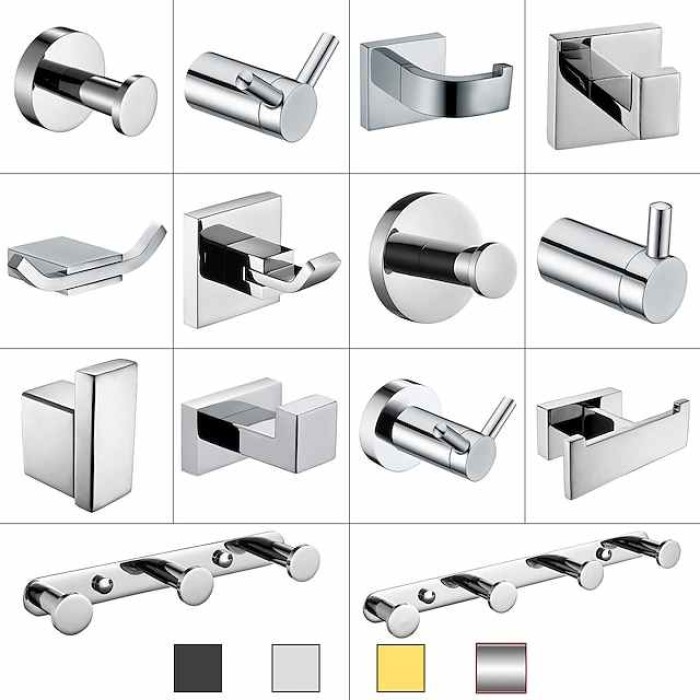 Multifunction Robe Hook, Modern Style, 304 Stainless Steel, 4-Finish Black, Chrome, Brushed, Gold- for Bathroom and Bedroom Wall Mounted