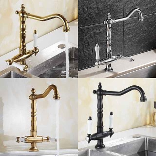 Traditional Kitchen Sink Mixer Faucet, Retro Style Vessel Kitchen Taps Dual Handles One Hole Rotatable Chrome/Brass/Nickel Brushed Standard Spout