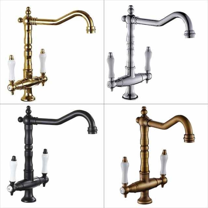 Traditional Kitchen Sink Mixer Faucet, Retro Style Vessel Kitchen Taps Dual Handles One Hole Rotatable Chrome/Brass/Nickel Brushed Standard Spout