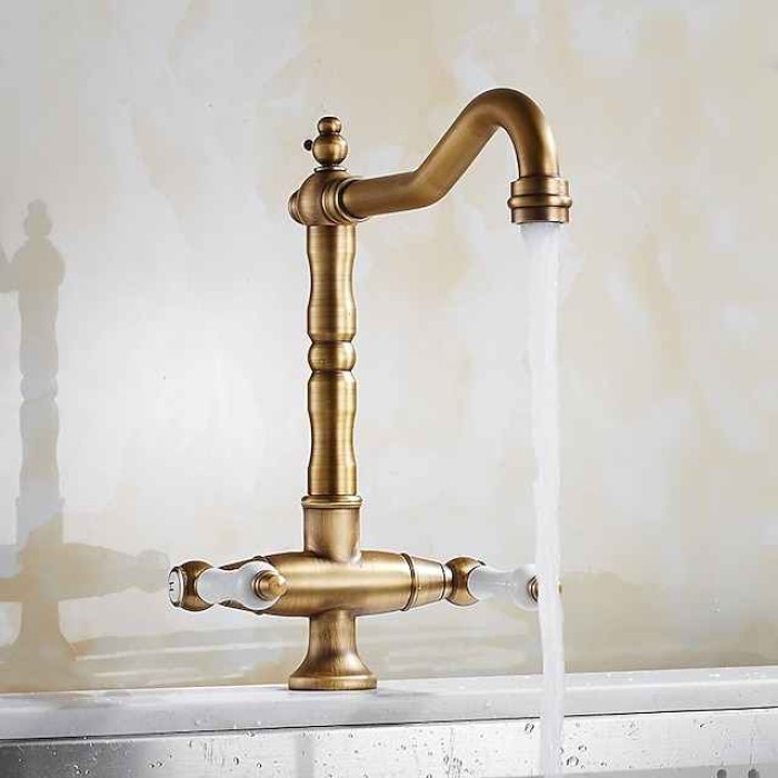 Traditional Kitchen Sink Mixer Faucet, Retro Style Vessel Kitchen Taps Dual Handles One Hole Rotatable Chrome/Brass/Nickel Brushed Standard Spout