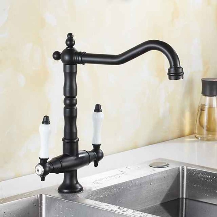 Traditional Kitchen Sink Mixer Faucet, Retro Style Vessel Kitchen Taps Dual Handles One Hole Rotatable Chrome/Brass/Nickel Brushed Standard Spout