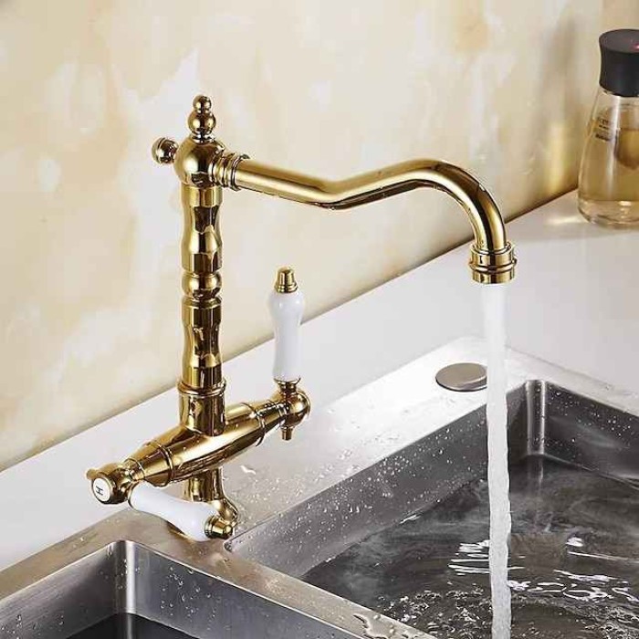 Traditional Kitchen Sink Mixer Faucet, Retro Style Vessel Kitchen Taps Dual Handles One Hole Rotatable Chrome/Brass/Nickel Brushed Standard Spout