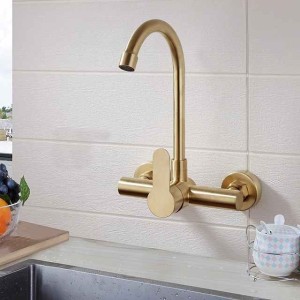 Kitchen faucet - Single Handle Two Holes Brushed Gold Tall /High Arc Wall Mounted Contemporary Kitchen Taps