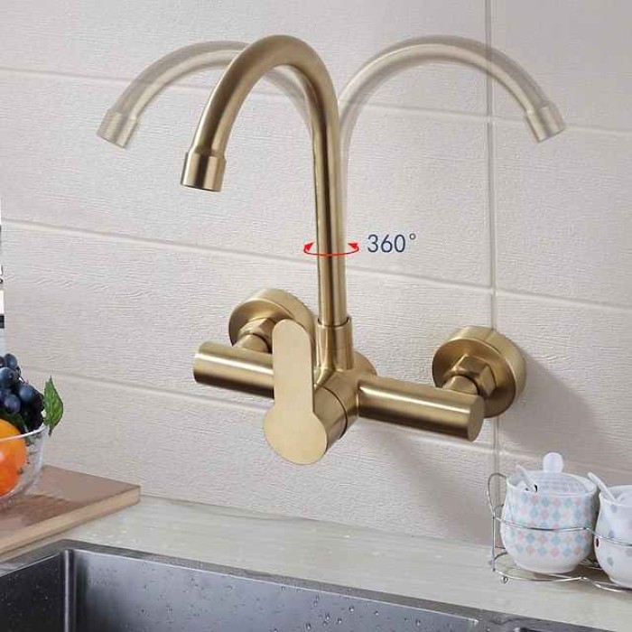 Kitchen faucet - Single Handle Two Holes Brushed Gold Tall /High Arc Wall Mounted Contemporary Kitchen Taps