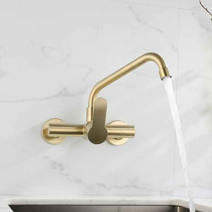 Kitchen faucet - Single Handle Two Holes Brushed Gold Pot Filler Wall Mounted Contemporary Kitchen Taps