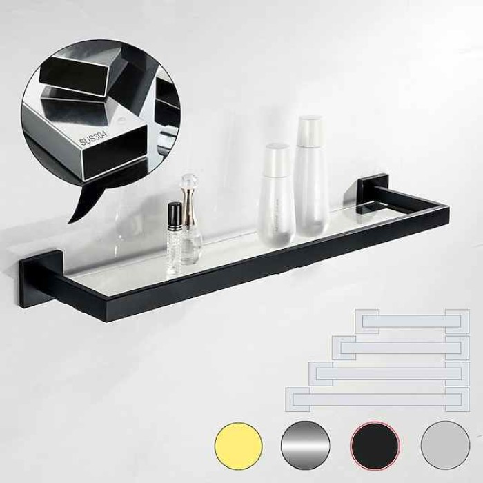 Bathroom Shelves Bathroom Tempered Glass Shelf, Sainless Steel Shower Wall Shelves No Drilling Towel Racks Rectangular 1 Tier Wall Mounted Mirror Front Shelf