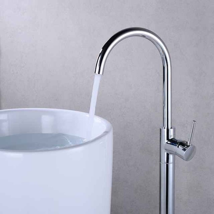 Floor Mount Standing Bathtub Faucet, 360° Swivel Freestanding Tub Filler Mixer Tap Brass Spout High Flow Shower Faucets