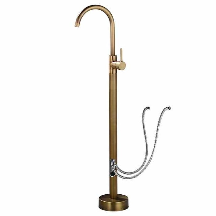 Floor Mount Standing Bathtub Faucet, 360° Swivel Freestanding Tub Filler Mixer Tap Brass Spout High Flow Shower Faucets