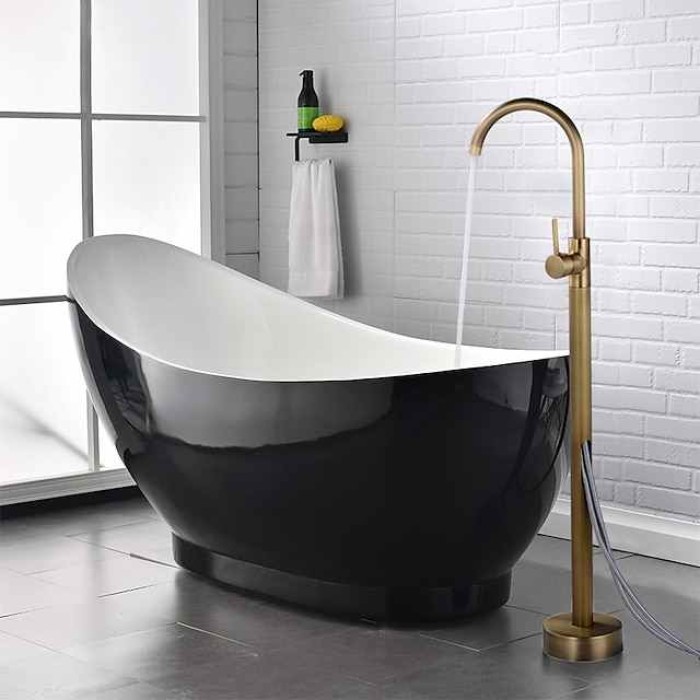 Floor Mount Standing Bathtub Faucet, 360° Swivel Freestanding Tub Filler Mixer Tap Brass Spout High Flow Shower Faucets