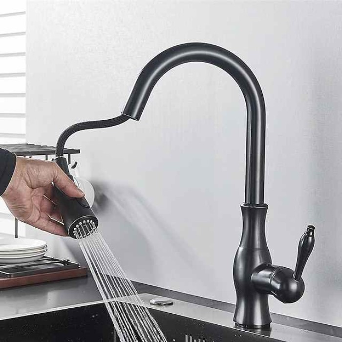 Kitchen Faucet with Pull-out Spray,Brass 2-modes Single Handle One Hole Modern Style Kitchen Taps with Hot and Cold Switch