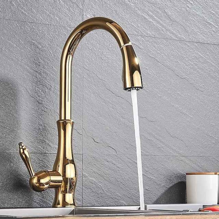 Kitchen Faucet with Pull-out Spray,Brass 2-modes Single Handle One Hole Modern Style Kitchen Taps with Hot and Cold Switch