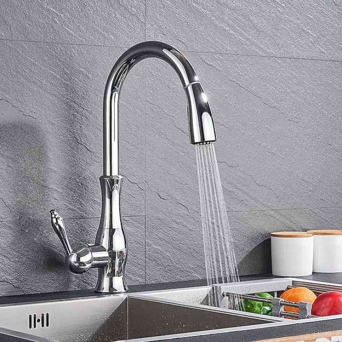 Kitchen Faucet with Pull-out Spray,Brass 2-modes Single Handle One Hole Modern Style Kitchen Taps with Hot and Cold Switch