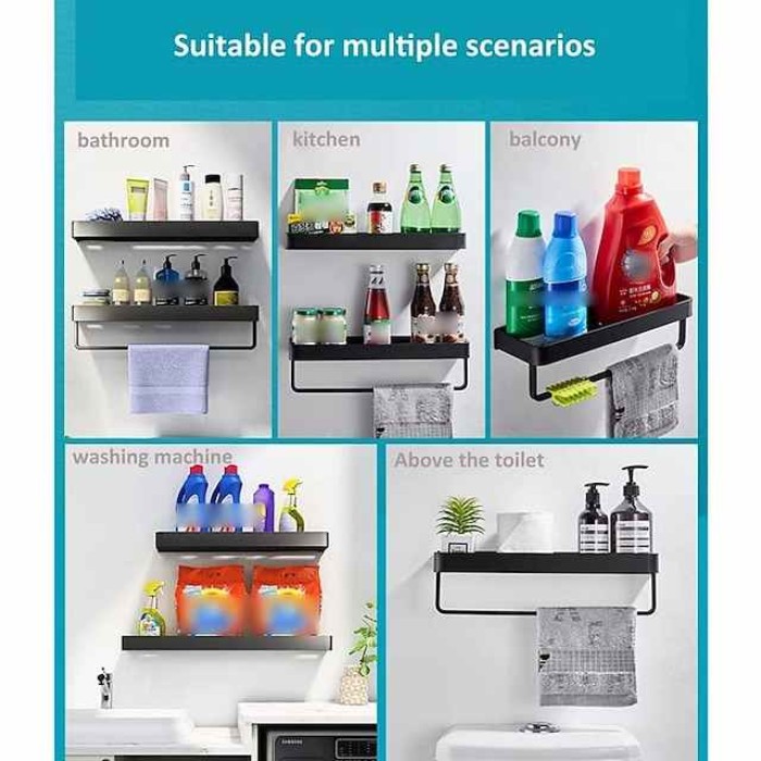 Bathroom Shelves Wall Mounted Black Storage Organizer Rack Bathroom Kitchen Bathroom Hardware Pendant Bathroom Shelf Space Aluminum Shower Rack Corner Shelf Square Bath Shower Shelf