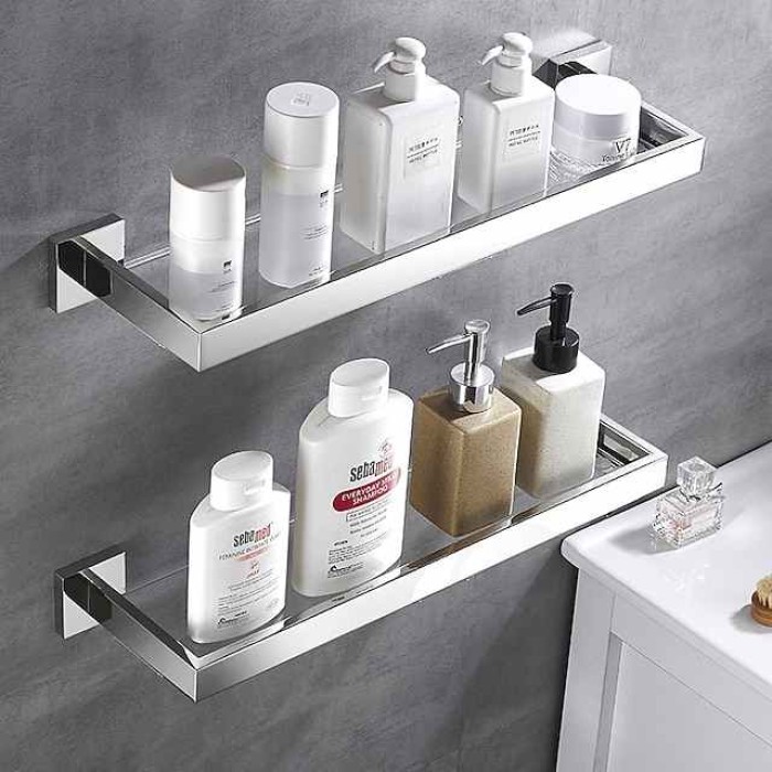 Modern Bath Toilet Rack Stainless Steel Tempered Glass Shelf Rack Shower Toiletries Rack Cosmetics Storage Rack