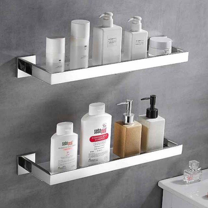 Modern Bath Toilet Rack Stainless Steel Tempered Glass Shelf Rack Shower Toiletries Rack Cosmetics Storage Rack