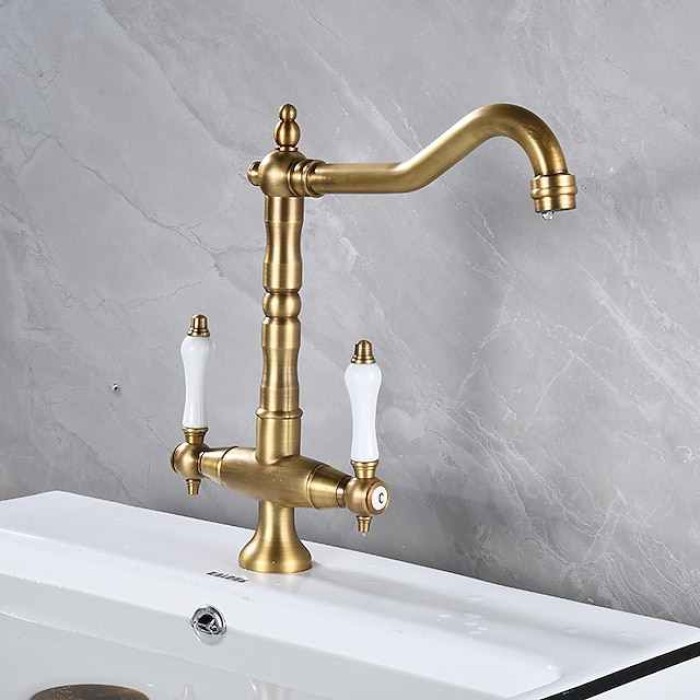 Kitchen Faucet,Two Handles One Hole Antique Brass / Electroplated / Painted Finishes Standard Spout Centerset Antique Kitchen Taps