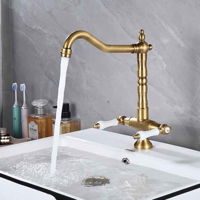 Kitchen Faucet,Two Handles One Hole Antique Brass / Electroplated / Painted Finishes Standard Spout Centerset Antique Kitchen Taps