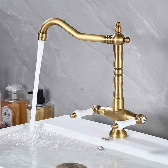 Kitchen Faucet,Two Handles One Hole Antique Brass / Electroplated / Painted Finishes Standard Spout Centerset Antique Kitchen Taps