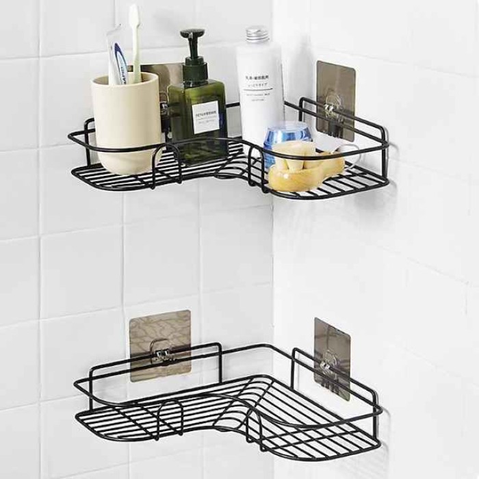 Bathroom Shelf with Hooks, Shower Caddy Rack, Bathroom Kitchen No Punching Triangle Storage Rack, Bathroom Accessories