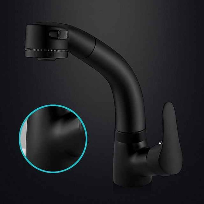 Matte Black Bathroom Basin Faucet Pull Out Spout Rotatable Liftable Body Deck Mounted Hot and Cold Water Mixer Tap